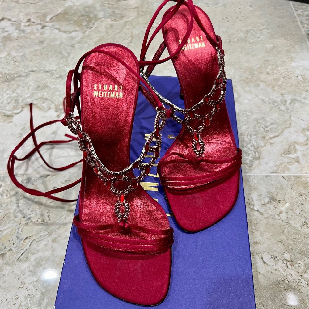 Stuart Weitzman Light Show Ruby Satin Crystal Dre… - image 1